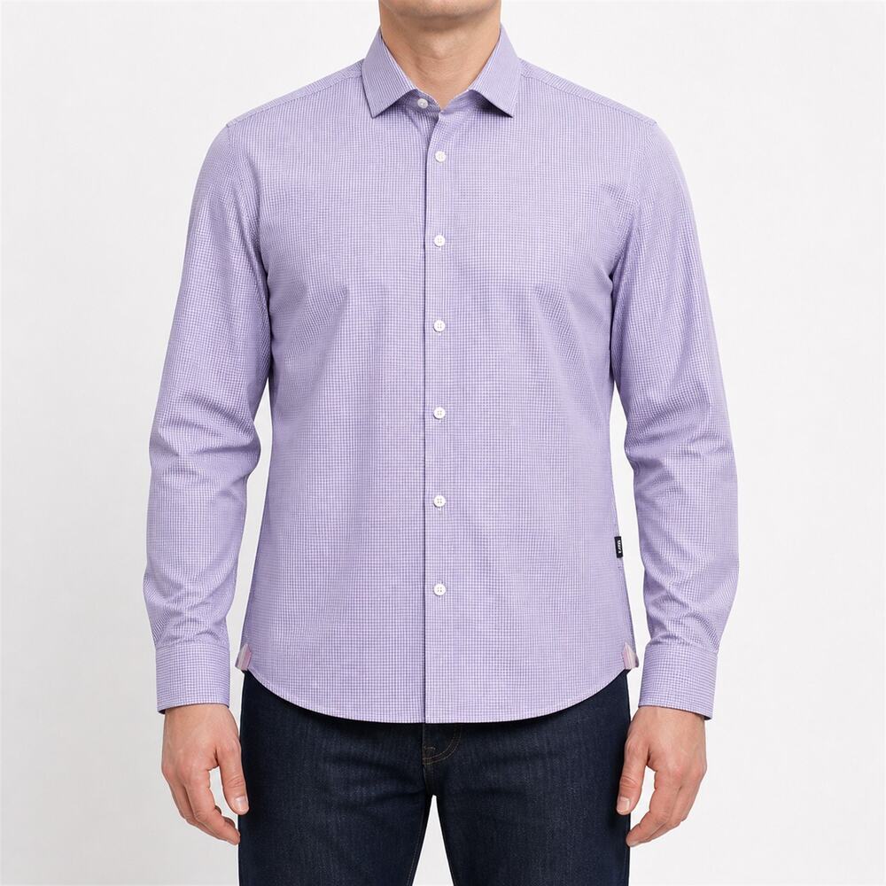 Hugo Boss Shirt Mens Large Purple White Long Sleeve Round Hem Slim Fit Button-Up